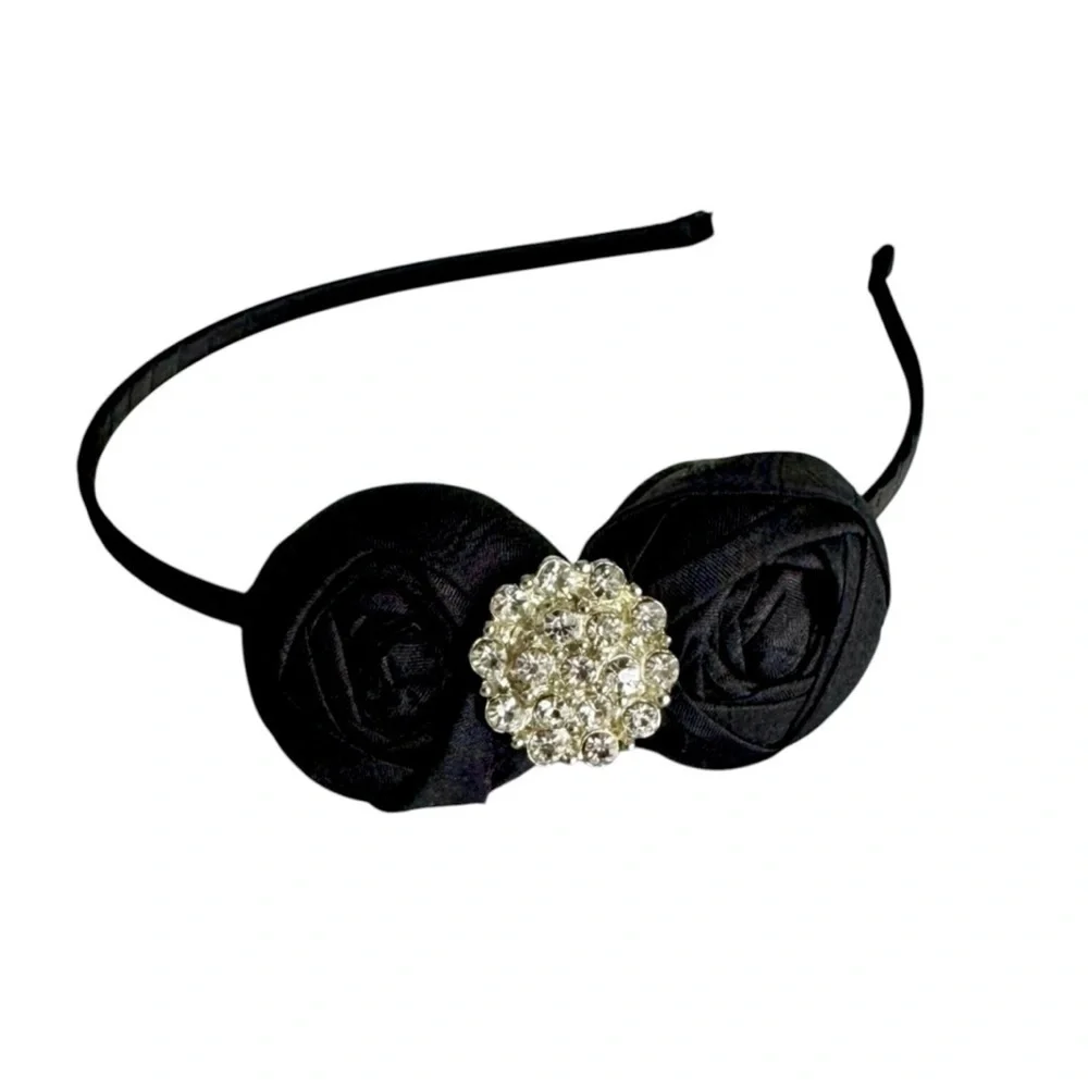 Vintage Silk Rose Headband Black Floral Rhinestone Holiday Hair Accessory